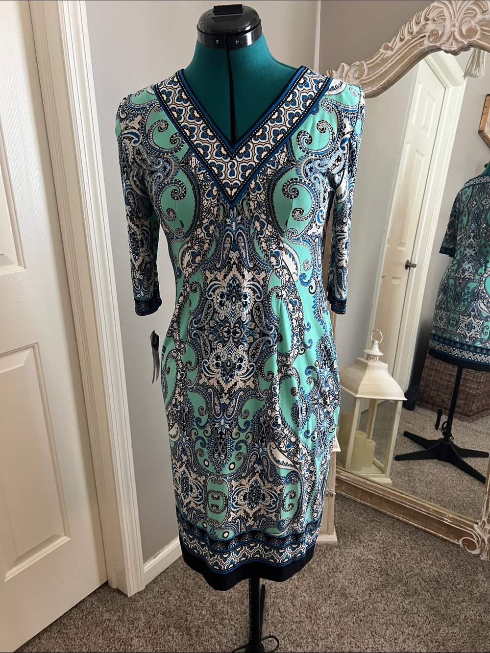 Studio One Aqua and Navy Paisley V-Neck Dress